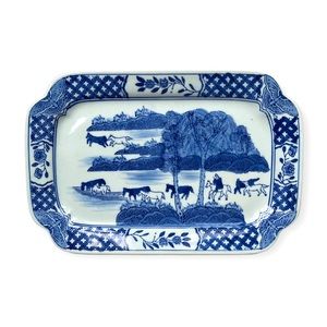Antique Chinese Ironware Canton-Like Blue and White w/Horses Shallow Bowl/Plate